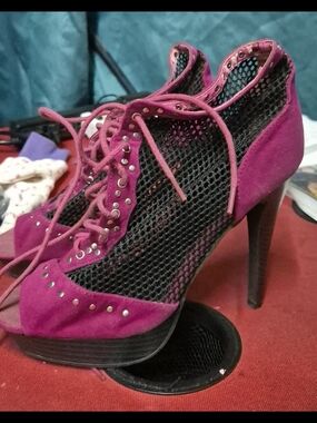 Fuchsia Lace-Up Mesh High Heel Booties